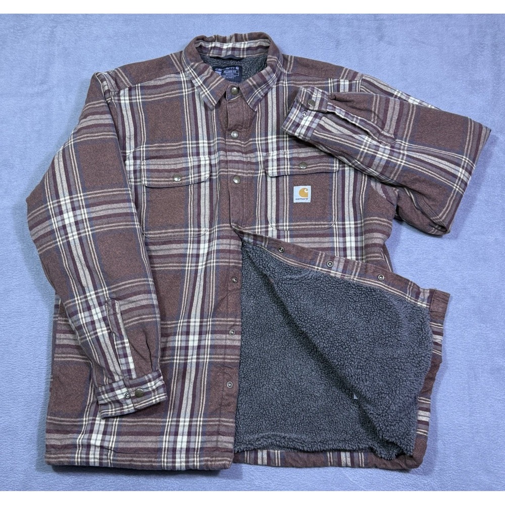 Carhartt Sherpa Lined Shirt Jacket Mens XL Plaid Brown Flannel Snap Shacket USA